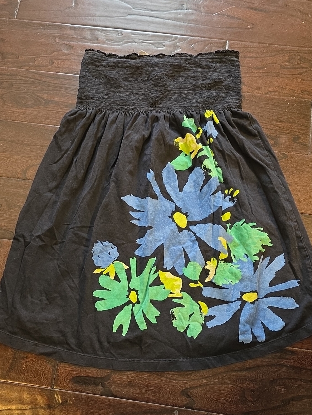 Black Floral Smocked Swim Coverup Skirt with Blue & Green Blooms